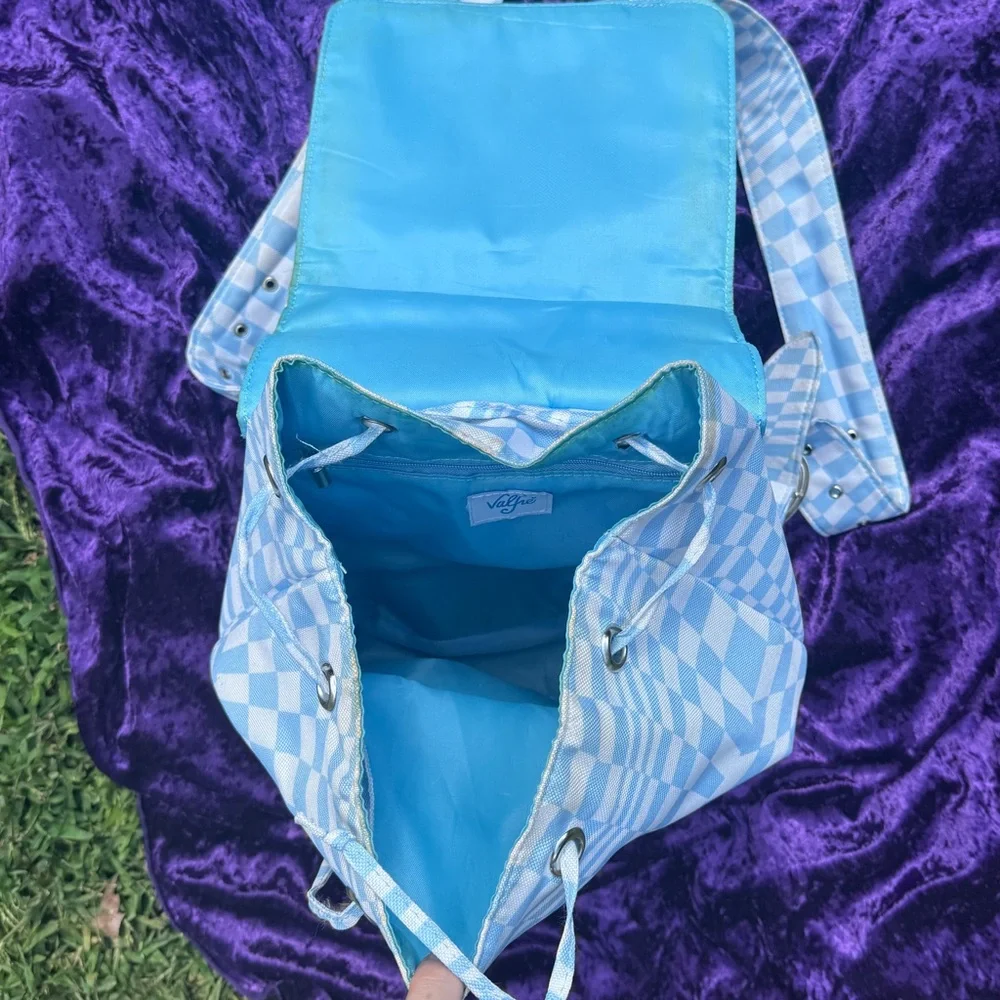 Valfre Blue Checkered Backpack with Heart Buckles - Picture 4 of 8